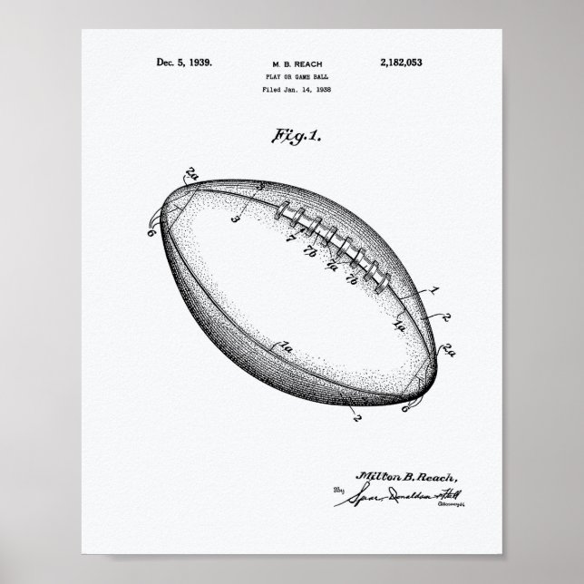 Football 1939 Patent Art - White Paper Poster (Front)