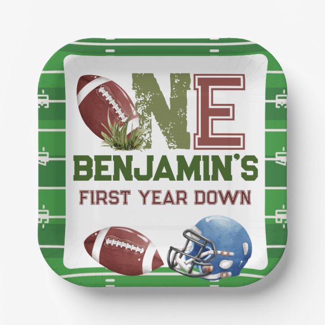 Football 1st Year Down Birthday Paper Plates (Front)