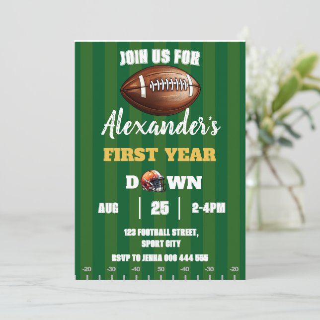Football 1st Year Down First Boy Birthday Invitation (Standing Front)