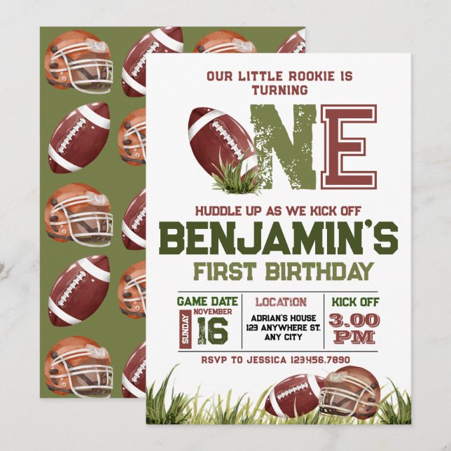 Football 1st Year Down Football BIrthday Party Invitation (Front/Back)