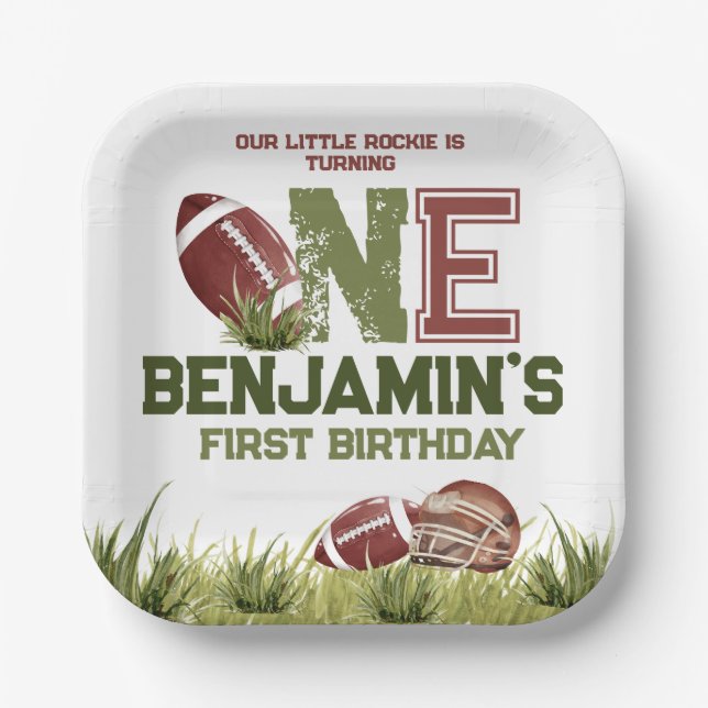 Football 1st Year Down Football BIrthday Party Paper Plates (Front)