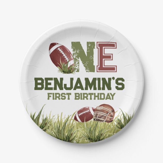 Football 1st Year Down Football BIrthday Party Paper Plates (Front)