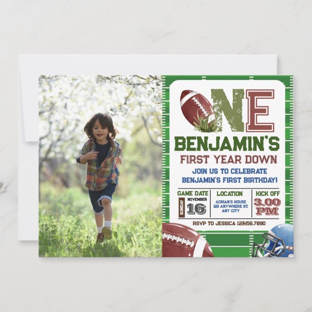 Football 1st Year Down Photo Birthday Invitation (Front)