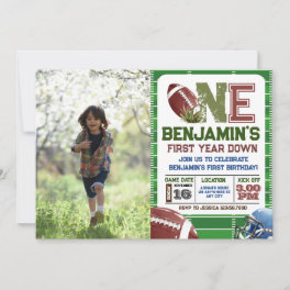 Football 1st Year Down Photo Birthday Invitation