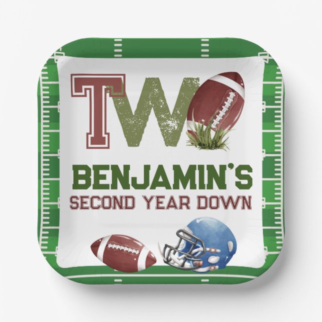 Football 2nd Year Down Birthday Paper Plates (Front)