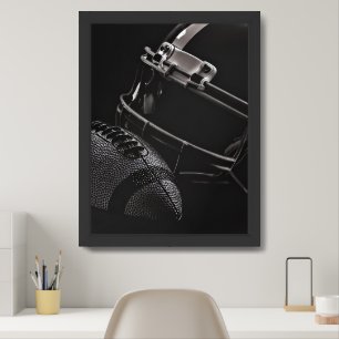 Football and Helmet Black Monochrome Photo Framed Art
