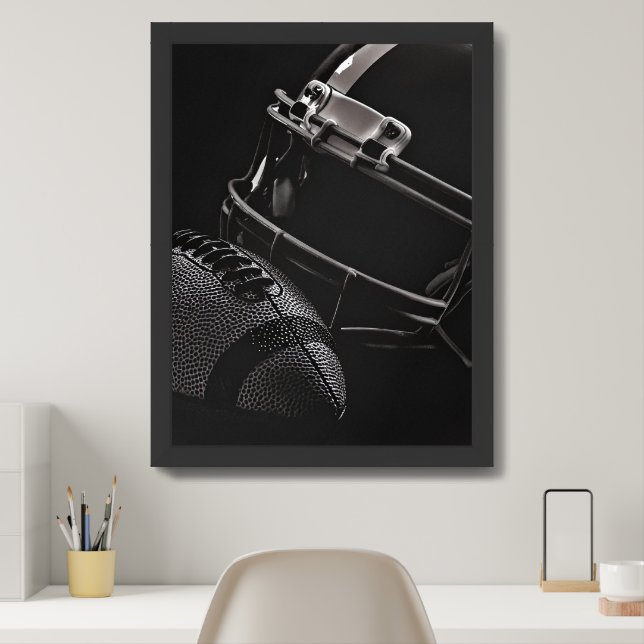 Football and Helmet Black Monochrome Photo Framed Art (Home Office)