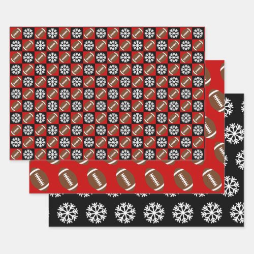 Football and Snowflake Red and Black Christmas Wrapping Paper Sheets