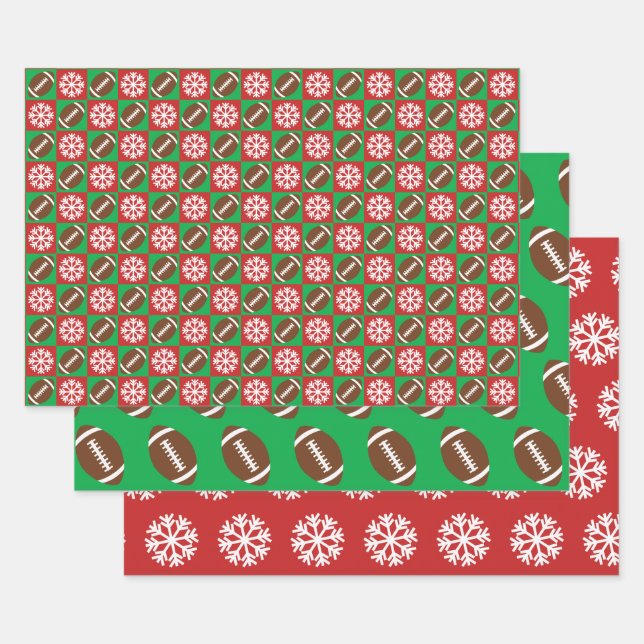 Football and Snowflake Red and Green Christmas  Wrapping Paper Sheets (Set)