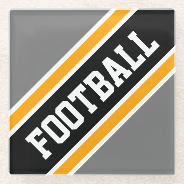 FOOTBALL Athletic Black Gray Orange Racing Stripes Glass Coaster (Front)