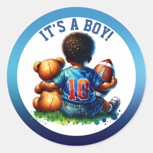 Football Baby Boy and Teddy Baby Shower Its a Boy Classic Round Sticker