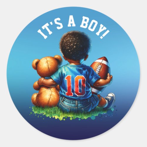 Football Baby Boy and Teddy Baby Shower Its a Boy Classic Round Sticker