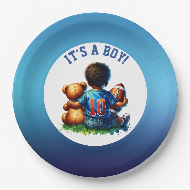 Football Baby Boy and Teddy Baby Shower It's a Boy Paper Plates (Front)
