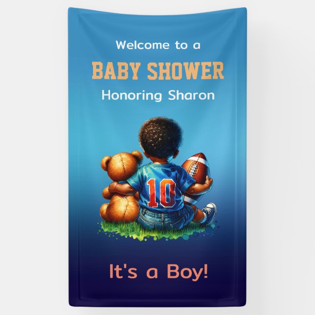 Football Baby Boy with Teddy Baby Shower Welcome Banner (Vertical)