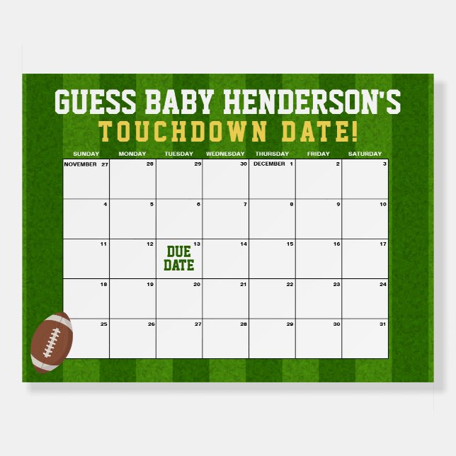 Football Baby Shower Due Date Calendar Foam Board (Front)