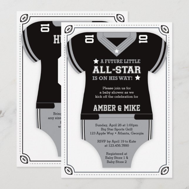 Football Baby Shower Invitation, Black, Gray Invitation (Front/Back)