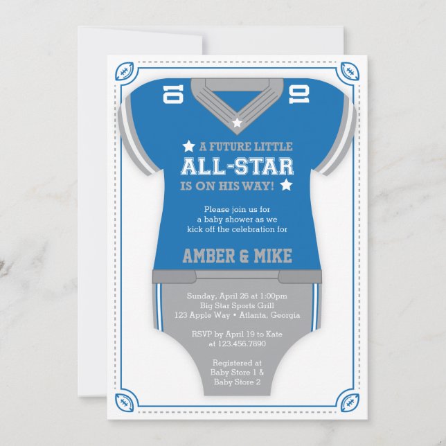 Football Baby Shower Invitation, Blue, Gray Invitation (Front)