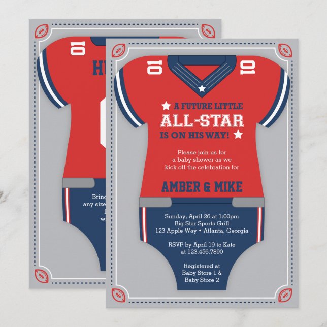 Football Baby Shower Invitation, Blue, Red, Gray Invitation (Front/Back)