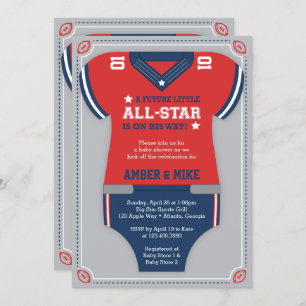 Football Baby Shower Invitation, Blue, Red, Gray Invitation
