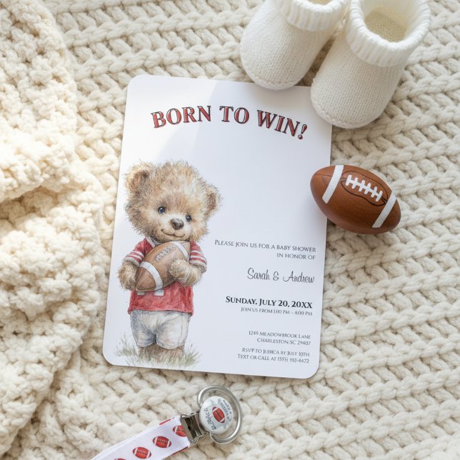 Football Baby Shower Invitation | Born to Win  (Football baby shower invitation with teddy bear and modern sporty theme, neutral tones, cozy flat la)