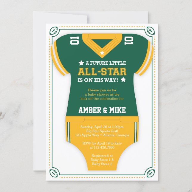 Football Baby Shower Invitation, Green, Gold Invitation (Front)