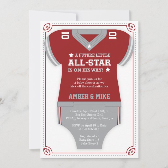 Football Baby Shower Invitation, Red, Gray Invitation (Front)