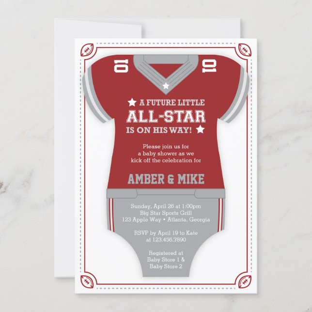Football Baby Shower Invitation, Red, Gray Invitation (Front)
