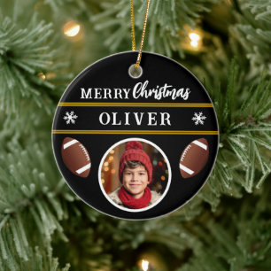 Football Ball Custom Name Merry Christmas Photo Ceramic Ornament