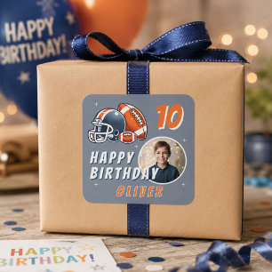 Football Ball Helmet Cartoon Photo Birthday Square Sticker