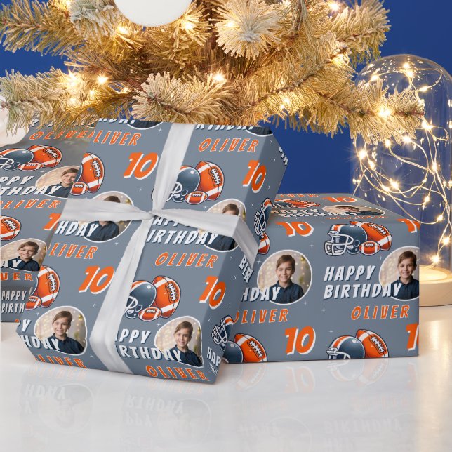 Football Ball Helmet Cartoon Photo Birthday Wrapping Paper (Holidays)