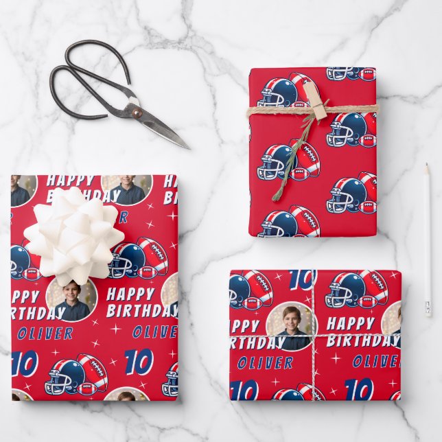 Football Ball Helmet Cartoon Photo Birthday Wrapping Paper Sheets (Front)