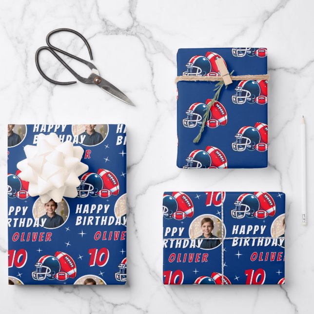 Football Ball Helmet Cartoon Photo Birthday Wrapping Paper Sheets (Front)