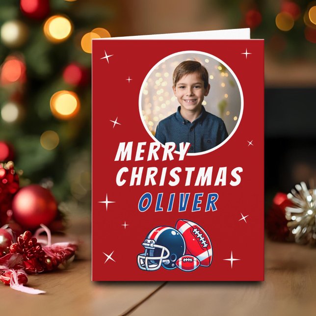 Football Ball Helmet Cartoon Photo Merry Christmas Card (Creator Uploaded)