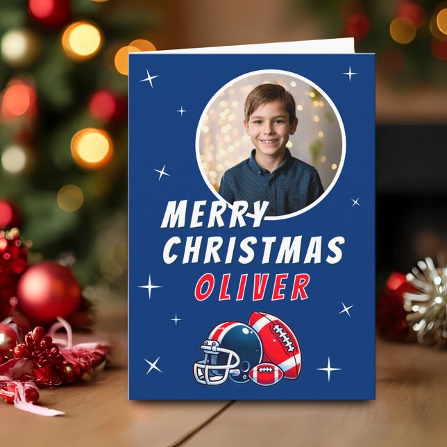 Football Ball Helmet Cartoon Photo Merry Christmas Card (Creator Uploaded)