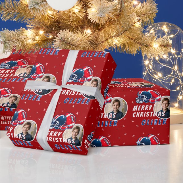 Football Ball Helmet Cartoon Photo Merry Christmas Wrapping Paper (Holidays)