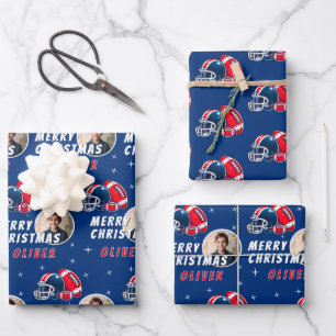 Football Ball Helmet Cartoon Photo Merry Christmas Wrapping Paper Sheets