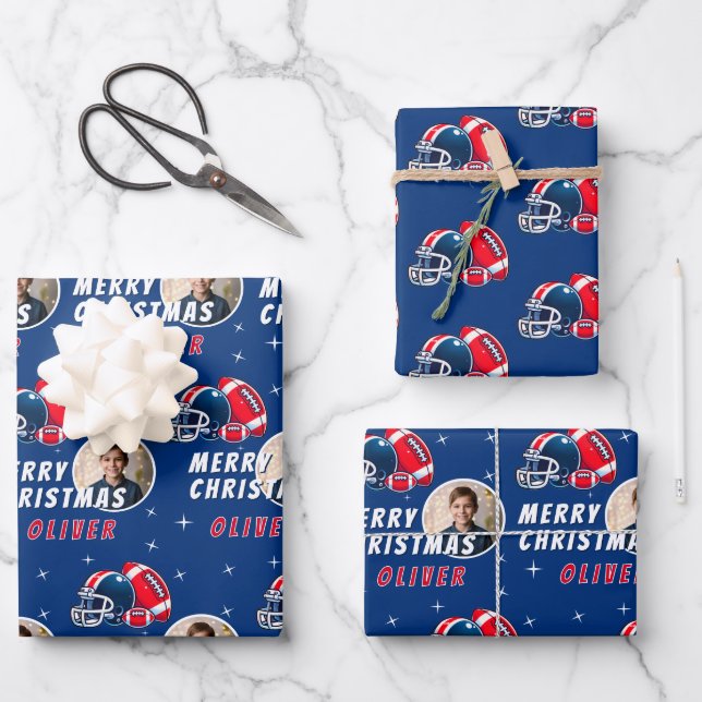 Football Ball Helmet Cartoon Photo Merry Christmas Wrapping Paper Sheets (Front)