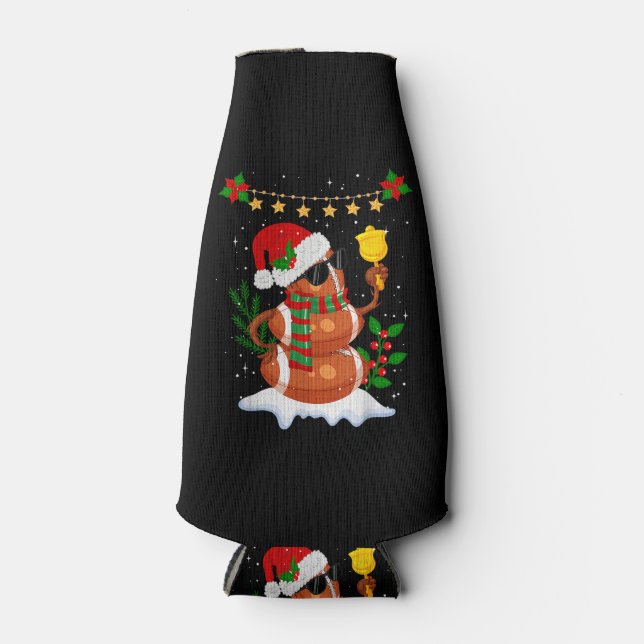 Football ball Snowman Santa Hat Merry Christmas Bottle Cooler (Front)