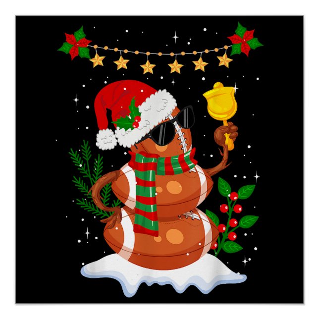 Football ball Snowman Santa Hat Merry Christmas Poster (Front)