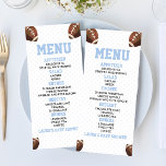Football Ball Sports Blue Baby Shower Food Menu<br><div class="desc">This is a football themed baby shower food menu. 

boy baby shower food menu entree drinks appetizer dessert table menu</div>