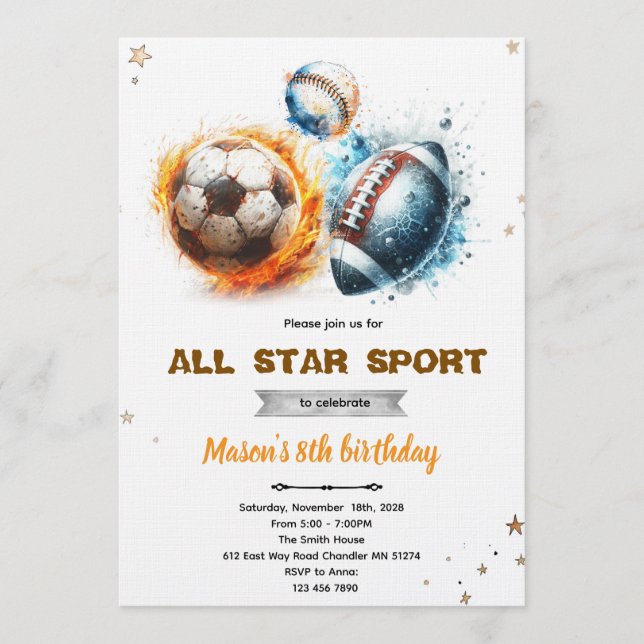 Football baseball and soccer party Invitation  (Front)