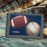 Football Baseball Monogram Boys Trifold Wallet<br><div class="desc">Football and baseball boys wallet with place for his name or initials,  or delete the letters.  Sports theme in dark blue with options for edge stitched area.</div>