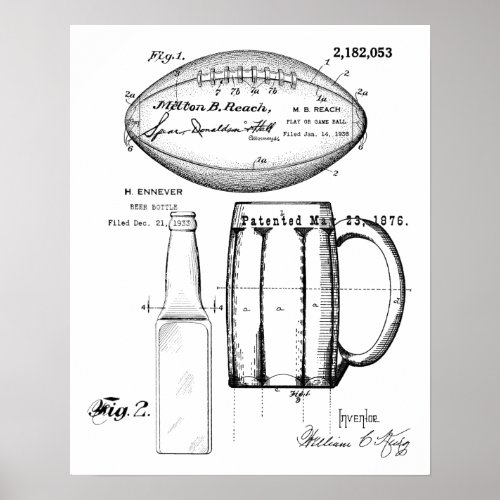 Football  Beer Mug Bottle Patent Blueprint Poster