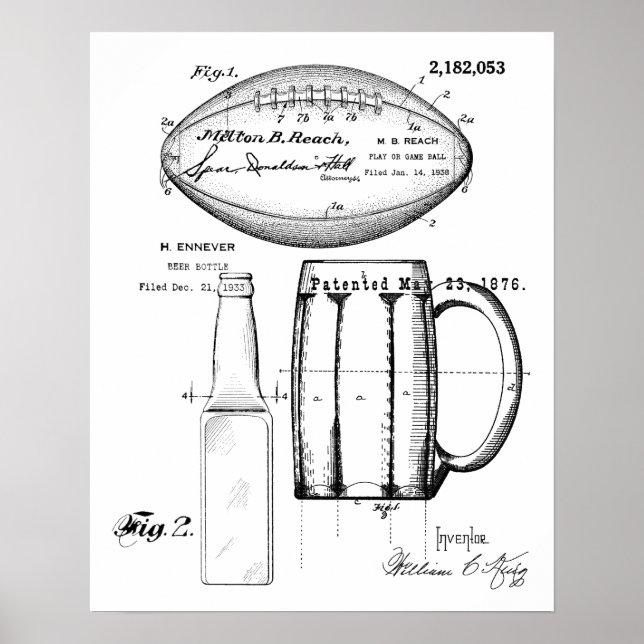 Football & Beer Mug, Bottle, Patent Blueprint Poster (Front)