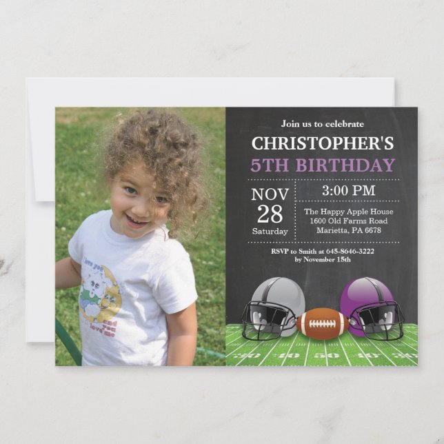 Football Birthday Invitation Birthday Party Purple (Front)