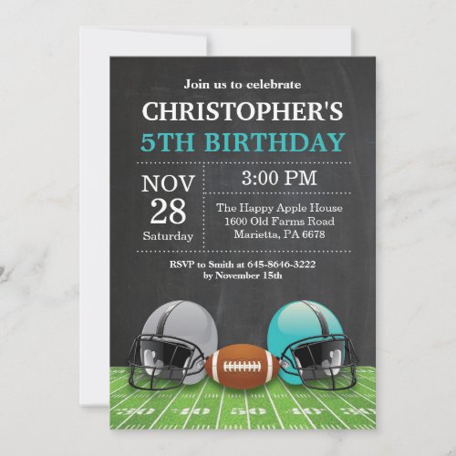 Football Birthday Invitation Birthday Party Teal