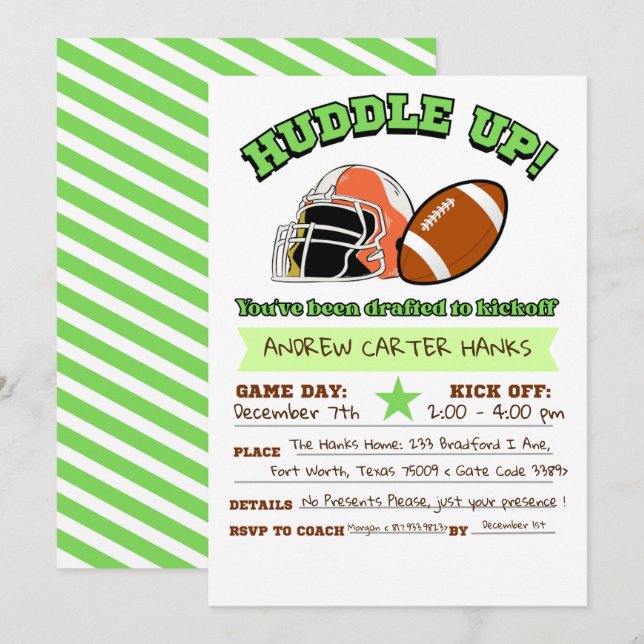 Football Birthday Invitations For Boys Huddle up ! (Front/Back)