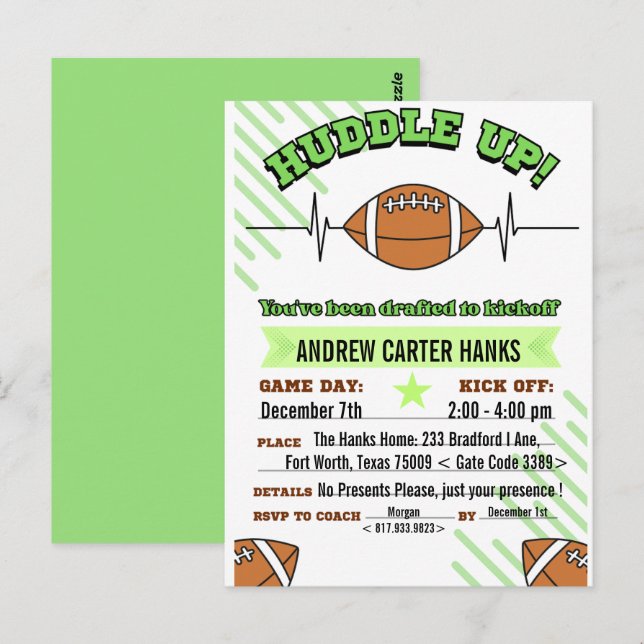 Football Birthday Invitations For Boys Huddle up ! (Front/Back)