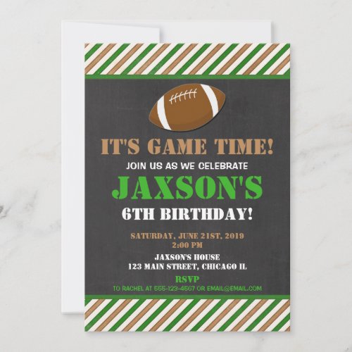 Football birthday party green black chalkboard boy invitation