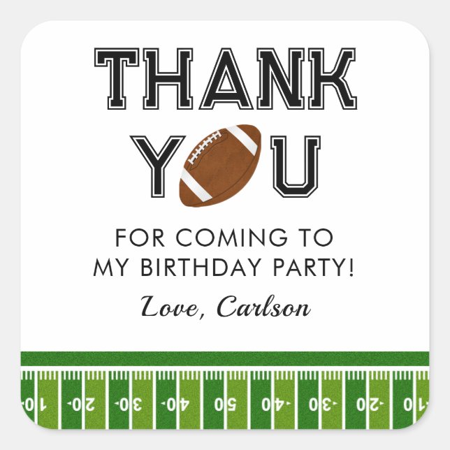Football Birthday Party Thank You Square Sticker (Front)